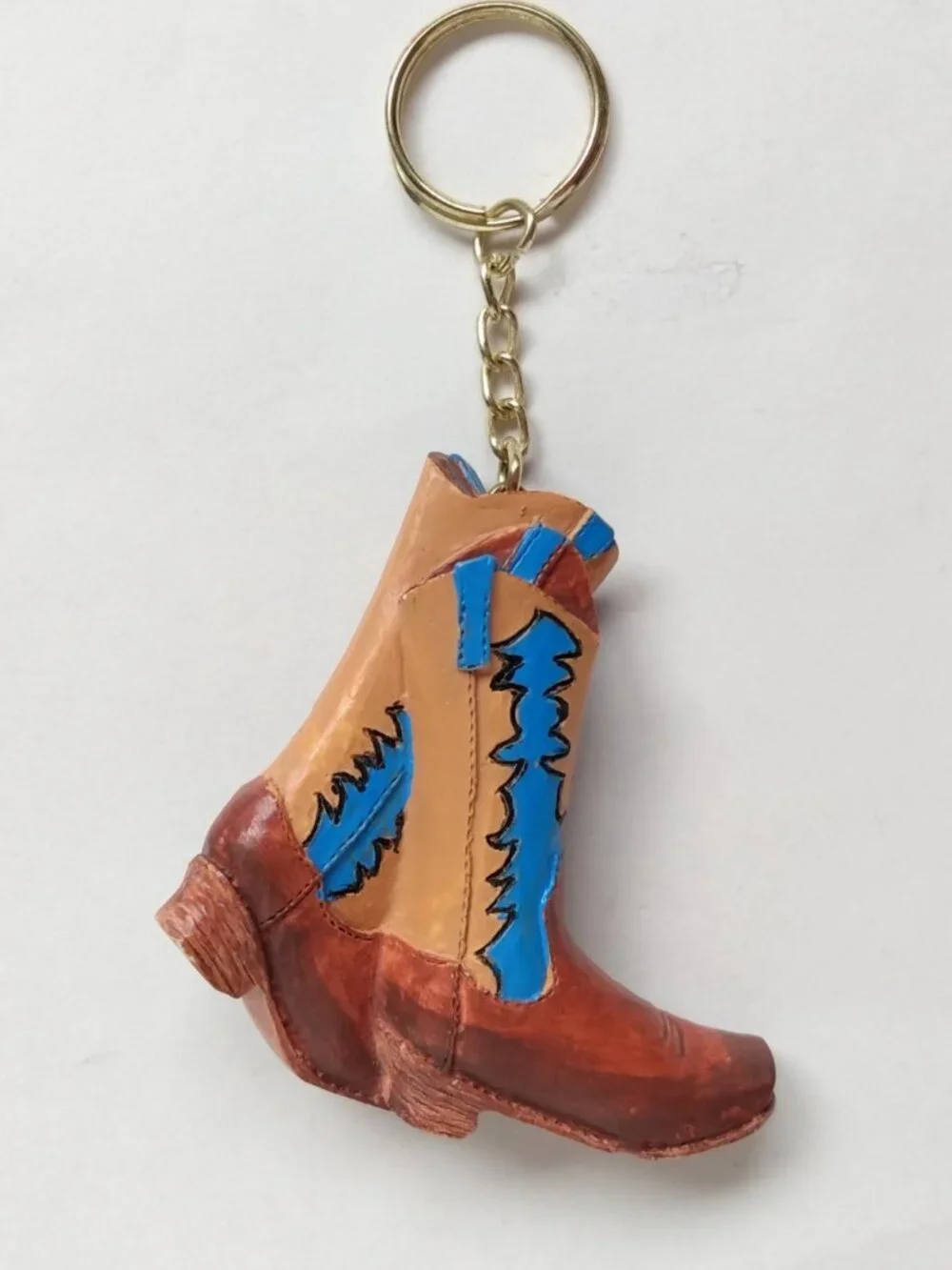 Vtg Tiny Pair of Cowboy Boots Keychain Keyring Hand Painted Blue Brown Western